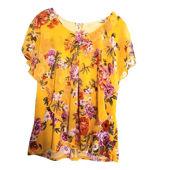 Exotic Tropical Tunic Blouse Sz L Yellow Rhinestones Floral Kimono Flowy Cottage - Picture 3 of 14